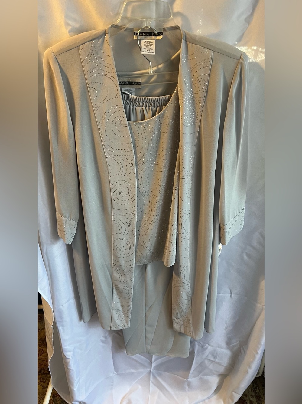 Dana Kay Elegant Light Gray Beaded Pantsuit Set